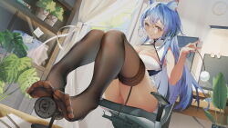  absurdres animal_ear_fluff animal_ears ass black_thighhighs blue_hair blush breasts clock closed_mouth commentary crossed_bangs desk dress feet female garter_straps hair_between_eyes highres indoors large_breasts leaf long_hair looking_at_viewer monitor no_shoes original plant potted_plant purple_eyes shelf sidelocks sitting smile soles solo swipe swivel_chair thighhighs thighs toes very_long_hair wall_clock weixiaoren white_dress 