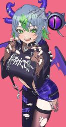  apricot_the_lich apricot_the_lich_(8th_costume) black_hoodie black_pants black_thighhighs breasts cropped_hoodie demon_girl demon_horns demon_wings dunchy female fingerless_gloves fishnet_gloves fishnets gloves green_hair hair_ornament highres hood hoodie horns large_breasts looking_at_viewer multicolored_hair multiple_horns nail_polish oerba_yun_fang open_mouth pants pointy_ears purple_nails purple_shorts short_hair shorts smile streaked_hair teeth thighhighs torn_clothes torn_pants torn_thighhighs upper_teeth_only vshojo wings x_hair_ornament 