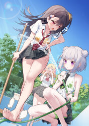  3girls :d :o ? ^^^ akizuki_kei bare_arms bare_shoulders barefoot black_necktie blonde_hair blue_bow blue_eyes blue_sky bow bra breasts broken_heart broken_heart_hair_ornament broom chain-link_fence commentary_request day double_bun empty_pool fence green_bra green_panties grey_hair grey_skirt hair_bun hair_ornament hairbow hand_to_own_mouth heart heart_hair_ornament holding holding_broom holding_hose hose itou_chieri lens_flare multiple_girls munakata_hinano necktie notice_lines oerba_yun_fang one_side_up original outdoors panties parted_lips plaid_clothes plaid_necktie plaid_skirt pleated_skirt pool purple_eyes red_necktie see-through shirt short_sleeves skirt sky sleeveless sleeveless_shirt small_breasts smile squatting standing surprised tokuno_yuika tree underwear water wet wet_clothes wet_shirt white_shirt yellow_bra 