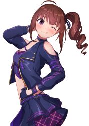  absurdres ahoge akatsuki_(artakatuki) arm_behind_head arm_belt bare_shoulders belt blue_gloves blue_jacket blue_ribbon blue_shirt blush bow breasts brown_hair clothing_cutout crop_top cropped_shirt dot_nose drill_hair female from_side gloves hair_ornament hair_ribbon hairbow hand_on_own_hip hand_up heart heart_hair_ornament highres idolmaster idolmaster_million_live! idolmaster_million_live!_theater_days jacket layered_skirt long_hair long_sleeves looking_at_viewer medium_breasts midriff one_eye_closed open_clothes open_jacket plaid_clothes plaid_skirt purple_belt purple_eyes ribbon shirt shoulder_cutout side_drill side_ponytail sidelocks simple_background skirt smile solo tongue tongue_out two-tone_skirt upper_body white_background yokoyama_nao 