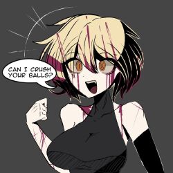  1girls big_breasts blonde_hair clothing dialogue don_quixote_(limbus_company) english_text female female_only limbus_company project_moon short_hair tank_top yellow_eyes 