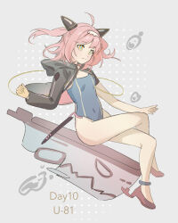  ahoge ariko_(aaaaarik) asymmetrical_sleeves azur_lane black_jacket blue_one-piece_swimsuit character_name closed_mouth covered_navel crossed_legs female full_body grey_background hair_ornament highres hood hood_down hooded_jacket jacket legs long_sleeves looking_ahead one-piece_swimsuit pink_hair polka_dot polka_dot_background red_footwear rudder_footwear short_hair simple_background smile solo swimsuit thighs two_side_up u-81_(azur_lane) watercraft yellow_eyes 