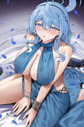  absurdres ako_(blue_archive) bare_shoulders black_hairband blue_archive blue_dress blue_eyes blue_hair blue_halo bracelet breasts cleavage commentary_request dress earrings evening_gown female hair_between_eyes hairband halo highres jewelry large_breasts looking_at_viewer medium_hair nail_polish official_alternate_costume petals purple_nails san_(harutuki_3) sideless_dress sideless_outfit single_handcuff sitting sleeveless sleeveless_dress solo sweat 