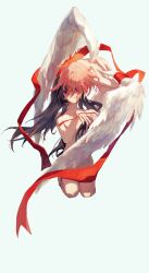  2girls absurdres akemi_homura angel_wings arms_behind_back black_hair blood blood_from_eyes blood_on_face bound bound_wings chinese_commentary commentary_request completely_nude feathered_wings floating_hair full_body hands_up heads_together highres kaname_madoka lanmi_lemmy long_hair mahou_shoujo_madoka_magica mahou_shoujo_madoka_magica_(anime) multiple_girls nude parted_lips pink_hair purple_eyes red_ribbon ribbon seiza short_hair simple_background sitting white_background white_wings wing_hug wings 