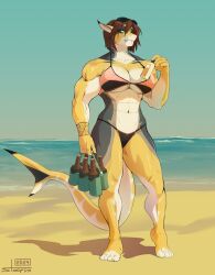  abs anthro arm_tattoo beach big_breasts bikini breasts brown_hair clothing eyewear eyewear_on_head female fish hair holding_beer_bottle legwear marine muscular muscular_female shark sharp_teeth solo stoopix sunglasses sunglasses_on_head swimwear tattoo teeth thigh_highs two-piece_swimsuit 