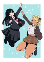  2girls aqua_background arm_up black_footwear black_hair black_jacket black_pantyhose black_skirt blazer blonde_hair border breasts brown_eyes brown_jacket brown_skirt closed_mouth commentary_request food_court_de_mata_ashita full_body gyaru highres jacket jumping large_breasts loafers long_hair looking_at_viewer multiple_girls nariie_shin&#039;ichirou necktie open_clothes open_jacket open_mouth outside_border pantyhose plaid_clothes plaid_skirt pleated_skirt red_necktie shirt shoes skirt small_breasts socks starry_background straight_hair swept_bangs tan thighs wada_(food_court) wavy_hair white_border white_shirt white_socks yamamoto_(food_court) 