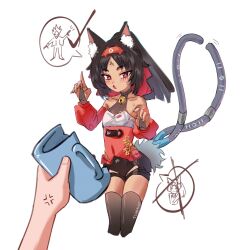  1other absurdres anger_vein animal_ears bare_shoulders bell billy_kid black_bridal_gauntlets black_hair black_shorts black_thighhighs breasts bridal_gauntlets broken_cup brown_eyes cat_ears cat_girl cat_tail checkmark chinese_commentary cleavage commentary_request cropped_legs crossed_out cup dark-skinned_female dark_skin detached_sleeves female hands_up highres holding holding_cup index_finger_raised long_hair long_sleeves looking_at_viewer multiple_tails neck_bell nekomiya_mana oerba_yun_fang open_mouth ponytail pov pov_hands red_sleeves shorts simple_background solo_focus speech_bubble sweat tail thighhighs two_tails white_background zeguo2468 zenless_zone_zero 