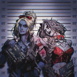  2girls absurdres alternate_costume arm_on_another&#039;s_shoulder arm_rest baldur&#039;s_gate baldur&#039;s_gate_3 bare_shoulders black_eyeshadow black_jacket black_lips blonde_hair blood blood_on_face blood_on_hands braid breasts bridge_piercing brown_hair chains character_name chinese_commentary chromatic_aberration cigarette cleavage collar colored_skin commentary_request contemporary cuffs dark_elf dungeons_&amp;_dragons elf eyebrow_piercing eyeshadow eyewear_on_head glint hair_bun hair_ornament hand_on_own_hip handcuffs headpiece highres holding holding_sign jacket jewelry leaning_on_person lip_piercing long_hair looking_at_viewer low-braided_long_hair low-tied_long_hair makeup minthara mugshot multiple_girls nose_piercing nosebleed open_mouth orin_the_red piercing pointy_ears punk purple_skin red-tinted_eyewear red_collar red_eyes red_tube_top ring short_hair sign single_braid single_hair_bun strapless sunglasses tinted_eyewear tube_top upper_body vignetting zong_ban_xian 