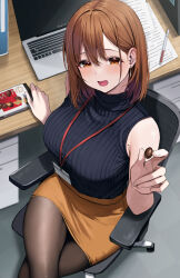  absurdres black_sweater blush breasts brown_hair brown_pantyhose chocolate_almond commentary_request computer crossed_legs drop_earrings earrings feet_out_of_frame female food highres holding holding_food incoming_food indoors jewelry lanyard laptop large_breasts looking_at_viewer mole mole_under_eye office_lady ol-chan_(udon) orange_skirt original pantyhose pen ribbed_sweater sitting skirt sleeveless sleeveless_sweater smile solo sweater sweater_tucked_in udon_(udonalium) 