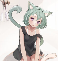  1other absurdres afterimage animal_ear_fluff animal_ears black_dress blush bra bra_strap breasts cat_ears cat_girl cat_tail chestnut_mouth collarbone dress feet female fosqie grey_hair hair_between_eyes highres holding_cat_teaser interested looking_at_object medium_hair mint_(fosqie) motion_lines open_mouth original purple_eyes short_dress signature simple_background single_off_shoulder sitting sleeveless sleeveless_dress slit_pupils small_breasts solo_focus tail tail_raised thigh_gap underwear white_background white_bra yokozuwari 