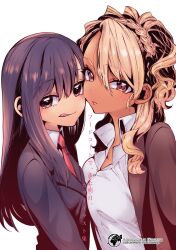  2girls :q black_hair black_jacket blazer blonde_hair braid breast_press breasts brown_eyes brown_jacket closed_mouth commentary_request copyright_notice crown_braid food_court_de_mata_ashita gyaru highres jacket large_breasts long_hair looking_at_viewer multiple_girls nariie_shin&#039;ichirou necktie open_clothes open_jacket red_necktie shirt simple_background small_breasts straight_hair swept_bangs symmetrical_docking tan tongue tongue_out translation_request upper_body wada_(food_court) wavy_hair white_background white_shirt yamamoto_(food_court) 