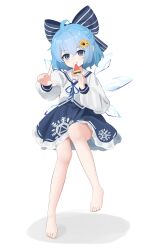  :p absurdres alternate_costume barefoot blue_eyes blue_hair blue_ribbon blue_skirt cirno collar feet female flower food hair_flower hair_ornament hair_ribbon highres holding holding_food holding_popsicle ice ice_wings legs popsicle ribbon sailor school_uniform shirt simple_background skirt snowflake_print sunflower sunflower_hair_ornament toes tongue tongue_out touhou watermelon_bar white_collar white_shirt wings wrainman 