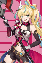  absurdres aqua_hair armor armored_gloves axe belt belt_buckle black_gloves black_shorts black_thighhighs blonde_hair bow bow-shaped_hair bowtie breasts buckle cleavage collarbone cowboy_shot elbow_gloves female gloves green_eyes hair_ornament hairclip highres long_hair multicolored_hair mytea_(soso) navel nijisanji open_mouth red_bow red_bowtie shorts shoulder_armor solo streaked_hair tachitsute_toto teeth thighhighs upper_teeth_only virtual_youtuber wing_hair_ornament 