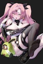  bare_shoulders black_background black_thighhighs blush breasts cleavage clothing_cutout commentary_request female green_eyes hair_ornament highres jihua_tong latex long_hair looking_at_viewer mole mole_on_breast mole_under_eye nicole_demara o-ring o-ring_thigh_strap pink_hair shirt shoulder_cutout simple_background single_thighhigh solo thick_thighs thigh_strap thighhighs thighs tongue tongue_out torn_clothes torn_thighhighs two_side_up white_shirt zenless_zone_zero 