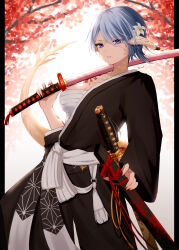  absurdres artist_name au_ra black_kimono blue_eyes blue_hair breasts chest_sarashi dragon_girl dragon_horns dragon_tail female final_fantasy final_fantasy_xiv flower hadanugi_dousa hair_flower hair_ornament highres holding holding_sword holding_weapon horns japanese_clothes katana kimono looking_at_viewer sana_(sanamaru_0w0) sarashi scales sheath short_hair solo sword tail unsheathed warrior_of_light_(ff14) weapon 