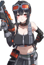  asymmetrical_gloves black_choker black_gloves breasts choker cleavage closed_mouth collarbone female fingerless_gloves gloves goggles goggles_on_head grace_howard grey_gloves gun highres holding holding_gun holding_weapon kfr large_breasts looking_at_viewer midriff mismatched_gloves navel red_eyes short_hair sidelocks simple_background smile solo weapon white_background zenless_zone_zero 