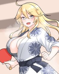  alternate_costume bath_yukata blonde_hair blue_eyes breasts female furaggu_(frag_0416) hair_between_eyes highres holding holding_paddle iowa_(kancolle) japanese_clothes kantai_collection kimono large_breasts long_hair obi open_mouth paddle sash smile solo star-shaped_pupils star_(symbol) symbol-shaped_pupils table_tennis table_tennis_paddle yukata 