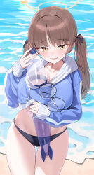  absurdres beach black-framed_eyewear black_bikini_bottom black_ribbon blue_archive blue_jacket blush breasts brown_hair collarbone commentary commentary_request eyewear_hang female glasses hair_ribbon halo highres inflatable_torpedo jacket large_breasts long_hair looking_at_viewer moe_(blue_archive) moe_(swimsuit)_(blue_archive) open_mouth orange_halo ribbon round_eyewear sgholln solo standing thigh_gap thighs twintails unworn_eyewear yellow_eyes 