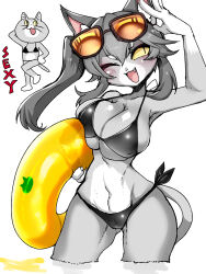  3:4 :3 anthro bikini biped blush breasts cleavage clothed clothing cute_fangs domestic_cat english_text eyewear eyewear_on_head felid feline felis female female_anthro floatie genba_neko goggles goggles_on_head grey_arms grey_body grey_face hi_res inflatable kamen_no_hito kemono kumamine mammal multicolored_body navel open_:3 open_mouth partially_submerged safety_cat simple_background solo standing swimwear text two-piece_swimsuit two_tone_arms two_tone_body two_tone_face white_background white_body white_face white_hands wide_hips yellow_sclera 