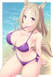  alternate_costume animal_ears bare_shoulders beach bikini blonde_hair blush border breasts commentary_request female front-tie_bikini_top front-tie_top gradient_eyes gurukorian highres horse_ears horse_girl horse_tail large_breasts long_hair multicolored_eyes narita_top_road_(umamusume) ocean open_mouth outdoors outside_border parted_bangs purple_bikini side-tie_bikini_bottom solo squatting swimsuit tail umamusume water wet white_border 