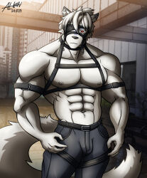  abs absurd_res alkan anthro belt big_pecs bottomwear canid canine clothed clothing fur hair hi_res male mammal mihoyo moobs muscular muscular_anthro muscular_male navel nipples pants pecs red_eyes solo topless topless_anthro topless_male von_lycaon white_body white_fur white_hair zenless_zone_zero 