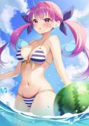  absurdres ahoge ball bare_shoulders beachball bikini blue_bikini blue_hair blue_ribbon blue_sky blush braid breasts chino0803 collarbone colored_inner_hair commentary day drill_hair female green_ball hair_ribbon highres hololive large_breasts light_blue_hair long_hair looking_afar looking_ahead minato_aqua minato_aqua_(hololive_summer_2019) multicolored_hair navel open_mouth outdoors pink_hair purple_eyes ribbon sky solo stomach streaked_hair striped_bikini striped_clothes swimsuit thighs twin_drills two-tone_bikini two-tone_hair virtual_youtuber wading water_drop white_bikini 