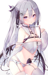  absurdres bad_id bad_pixiv_id bare_shoulders breasts cleavage demon_tail demon_wings detached_collar female fusuma_(ramunezake) garter_belt grey_hair hair_ornament hair_ribbon hairclip highres long_hair looking_at_viewer medium_breasts midriff navel one_side_up original panties parted_lips purple_eyes revealing_clothes ribbon simple_background solo tail thighhighs thighs underwear very_long_hair white_background white_panties white_thighhighs wings x_hair_ornament 