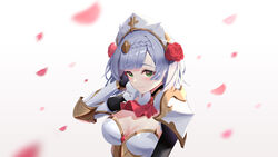  absurdres adjusting_hair armor blush braid breasts cleavage closed_mouth commentary falling_petals female flower genshin_impact green_eyes grey_hair hair_flower hair_ornament hand_in_own_hair highres looking_at_viewer maid_headdress medium_breasts noelle_(genshin_impact) petals rose short_hair shoulder_armor simple_background smile solo song_song_huashi upper_body white_background 