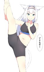  absurdres animal_ear_fluff animal_ears arm_up bare_arms bare_shoulders bike_shorts black_shorts black_sports_bra blue_eyes breasts collarbone dobrynya_nikitich_(fate) fate/grand_order fate_(series) feet_out_of_frame female grey_hairband grin groin hair_intakes hairband highres leg_up long_hair medium_breasts mitchi navel short_shorts shorts simple_background smile solo speech_bubble split sports_bra standing standing_on_one_leg standing_split tail translated v-shaped_eyebrows very_long_hair white_background white_hair 