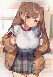  analog_clock blunt_bangs blurry blurry_background blush bow bowtie breasts brown_cardigan brown_hair buttons cardigan chair chalkboard character_name chibi_kyonyuu class_number classroom clock closed_mouth commentary_request cowboy_shot day depth_of_field desk eyes_visible_through_hair female frown grey_skirt gym_shirt half-closed_eyes head_tilt highres indoors kodama_(sakura_yuki) large_breasts light_particles long_hair long_sleeves looking_at_viewer miniskirt name_tag open_cardigan open_clothes orange_eyes parted_bangs plaid plaid_skirt pleated_skirt red_bow red_bowtie sakura_yuki_(clochette) school_chair school_desk shirt shirt_tucked_in short_sleeves skirt sleeves_past_wrists solo standing straight_hair sweatdrop taut_clothes taut_shirt thighs two_side_up unbuttoned unworn_bowtie v-shaped_eyebrows wall_clock white_shirt window 