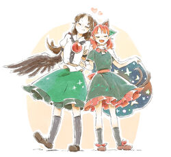  2girls alternate_hairstyle animal_ears arms_behind_back black_socks black_wings borrowed_clothes bow bowtie brown_footwear brown_hair cape cat_ears cat_tail clenched_hand closed_eyes dress extra_ears feathered_wings full_body green_bow green_dress green_skirt heart highres kaenbyou_rin long_hair multiple_girls multiple_tails nekomata oerba_yun_fang open_mouth pointy_ears red_hair reiuji_utsuho shirt side-by-side skirt smile socks star_(symbol) starry_sky_print tail third_eye touhou two_tails white_shirt wings ziro_(daydozen) 