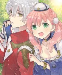  1boy atelier_(series) atelier_escha_&amp;_logy black_choker book bracelet braid breasts choker cleavage clothes_grab collarbone dot_nose escha_malier female fingerless_gloves gloves green_eyes hair_between_eyes hair_ornament hani_(udauda) hat holding holding_book jacket jewelry logix_ficsario long_hair looking_at_viewer medium_breasts mini_hat open_mouth pink_hair pom_pom_(clothes) pom_pom_hair_ornament red_jacket short_hair sleeve_grab teeth twintails upper_teeth_only white_gloves white_headwear yellow_eyes 