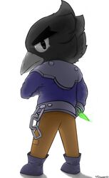  anthro avian bird boots brawl_stars clothing corvid corvus_(genus) crow crow_(brawl_stars) dagger footwear knife male melee_weapon omakase123 oscine passerine rear_view simple_background solo standing supercell_(company) weapon white_background 