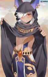  1boy animal_ears blush cape choker cyno_(genshin_impact) dark-skinned_male dark_skin g1_(jjw00123) genshin_impact grey_hair hair_over_one_eye headpiece highres hood hood_up jackal_ears male_focus orange_eyes red_eyes white_hair 