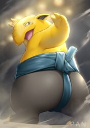  ass black_eyes bright_pupils commentary commission drowzee english_commentary from_below huge_ass kashi_kosugi looking_at_viewer looking_back mawashi no_humans open_mouth pokemon pokemon_(creature) shiny smile solo standing sumo tongue white_pupils 