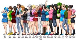  6+girls aqua_bra aqua_footwear aqua_hair arm_up black_footwear black_hair black_jacket black_pants black_shirt black_shorts blonde_hair blue_footwear blue_hair blue_jacket blue_shirt blue_shorts blue_skirt blunt_bangs boots bra breasts brown_footwear brown_hair camisole character_name character_request cleavage collared_shirt crop_top cropped_jacket crutch double_bun drill_hair erkaz eyewear_on_head green_hair green_jacket green_shirt grey_footwear grey_hair grey_legwear grey_mask grey_pants grey_sailor_collar hair_bun high_heels highres huge_breasts jacket karinka_katyusha_(erkaz) light_brown_hair looking_at_viewer mask midriff mouth_mask multiple_girls navel original pants parted_lips pink_hair pink_jacket pink_shirt pink_skirt pleated_skirt profile red_camisole red_footwear red_scarf red_shirt red_skirt rina_atherina sailor_collar sandals scarf shirt shoes shorts simple_background skirt sleeveless sleeveless_shirt smile socks twin_drills underwear white_background white_footwear white_legwear white_shorts yellow_footwear yellow_shirt yellow_skirt yukihana_(erkaz) 