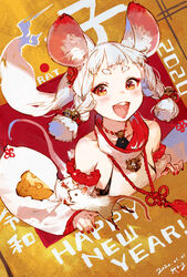  2020 :d animal animal_ear_fluff animal_ears bare_shoulders bell blunt_ends braid brown_eyes buck_teeth cheese chinese_zodiac collarbone commentary_request dated detached_sleeves female floating_hair food frilled_sleeves frills from_side gradient_eyes hair_ornament happy happy_new_year highres japanese_clothes junwool long_hair long_sleeves looking_at_viewer mouse_(animal) mouse_ears mouse_girl mouse_tail multicolored_eyes nail_polish nengajou new_year open_mouth original red_nails signature smile tail tareme tassel teeth thick_eyebrows twin_braids upper_teeth_only white_hair wide_sleeves year_of_the_rat 