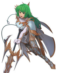  armor asagi_(banzoku210) breastplate cape erinys_(fire_emblem) female fire_emblem fire_emblem:_genealogy_of_the_holy_war green_eyes green_hair highres holding holding_weapon long_hair open_mouth polearm shoulder_armor simple_background solo spear weapon white_background 