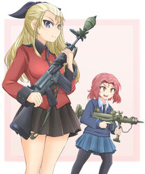  2girls absurdres assam_(girls_und_panzer) battle_rifle black_necktie black_pantyhose black_ribbon black_skirt blonde_hair blue_eyes blue_skirt blue_sweater border brown_eyes closed_mouth collared_jacket commentary_request cowboy_shot dress_shirt english_text epaulettes explosive feet_out_of_frame fn_fal girls_und_panzer grenade grenade_launcher gun gun_sling hair_pulled_back highres holding holding_gun holding_weapon jacket leaning_forward legs_apart long_hair long_sleeves looking_ahead looking_at_viewer medium_hair mikeran_(mikelan) military_uniform miniskirt multiple_girls necktie open_mouth pantyhose partial_commentary piat pink_border pleated_skirt red_hair red_jacket ribbon rifle rifle_grenade rosehip_(girls_und_panzer) school_uniform shirt skirt smile smirk st._gloriana&#039;s_military_uniform st._gloriana&#039;s_school_uniform standing sweater trigger_discipline uniform v-neck v-shaped_eyebrows weapon white_shirt wing_collar 