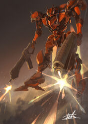  armored_core armored_core_4 battle dual_wielding firing glowing gun highres holding holding_gun holding_weapon hukutuuprunes looking_down mecha mecha_focus motion_blur no_humans robot science_fiction signature solo weapon 