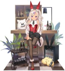  animal animal_ears archerfish_(azur_lane) archerfish_(coquettish_bunny)_(azur_lane) azur_lane bare_shoulders bird black_thighhighs blonde_hair bottle breasts chick closed_mouth cocktail_glass cup drinking_glass fake_animal_ears feather_boa feline female garter_straps hairband highleg highleg_leotard highres kani_biimu leg_up leotard long_hair looking_at_viewer manjuu_(azur_lane) medium_breasts meowfficer_(azur_lane) necktie off_shoulder official_alternate_costume official_art one_side_up playboy_bunny purple_eyes rabbit_ears red_footwear red_leotard shoes short_necktie sitting smile solo stool tan tanlines thighhighs thighs transparent_background wavy_hair wing_collar 