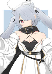  absurdres azur_lane black_bow bow breasts cleavage coat_dress collarbone cone_hair_bun criss-cross_halter double_bun dress female fur-trimmed_dress fur_hat fur_trim grey_hair hair_bun hair_ornament hair_over_one_eye halterneck hat highres kiev_(azur_lane) miku_(23393508) papakha pom_pom_(clothes) pom_pom_hair_ornament solo white_dress white_hat 