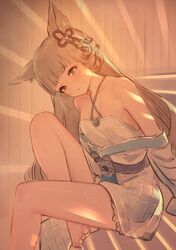  animal_ears bare_shoulders barefoot bath_yukata breasts chinese_knot criss-cross_halter dress erune female granblue_fantasy green_eyes grey_hair hair_ornament halterneck head_tilt heterochromia indoors japanese_clothes kimono long_hair looking_at_viewer off_shoulder orange_eyes pholia pholia_(yukata) sauna sitting sleeveless sleeveless_dress small_breasts solo sweat tomamatto white_dress wolf_ears yukata 