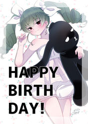  absurdres anchovy_(girls_und_panzer) artist_name blush brown_eyes commentary drill_hair english_text female from_above girls_und_panzer girls_und_panzer_senshadou_daisakusen! green_hair hair_ribbon half-closed_eyes happy_birthday highres holding holding_stuffed_toy itsumip long_hair lying official_alternate_costume on_back oversized_object ribbon see-through shirt shorts signature sleepwear solo strapless strapless_shirt stuffed_animal stuffed_rabbit stuffed_toy twin_drills twintails white_ribbon white_shirt white_shorts 