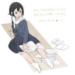  asakusa_midori black_eyes black_hair blue_jacket blue_skirt dated eizouken_ni_wa_te_wo_dasu_na! female green_necktie jacket kokko_(014kko) long_sleeves necktie paper pleated_skirt short_hair sitting skirt smile socks solo white_socks 