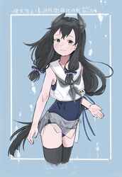  black_hair black_thighhighs blue_background blue_one-piece_swimsuit cropped_legs female grey_neckerchief hair_ribbon headgear i-47_(kancolle) kantai_collection kokko_(014kko) long_hair low-tied_long_hair neckerchief one-piece_swimsuit ribbon ripples sailor_collar see-through see-through_skirt sidelocks simple_background skirt sleeveless smile solo swimsuit swimsuit_under_clothes thighhighs very_long_hair water white_sailor_collar yellow_eyes 