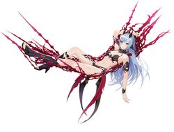  arm_up armlet armpits bare_shoulders black_footwear blue_eyes blue_hair bracelet breasts demon_horns detached_collar female full_body heterochromia high_heels horns jewelry kara_(king&#039;s_raid) king&#039;s_raid korean_commentary long_hair looking_at_viewer lying navel official_art on_back parted_lips red_eyes simple_background small_breasts solo stomach thighs toeless_footwear very_long_hair white_background 