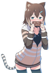  alternate_breast_size animal_ears brown_hair cat_ears cat_girl cat_tail commentary_request covering_own_mouth cowboy_shot female fish_hair_ornament flat_chest fumino_tamaki fumino_tamaki_(1st_costume) hair_ornament hood hood_down hoodie light_brown_hair medium_hair miniskirt multicolored_hair nijisanji pleated_skirt purin_a_la_mode_(popup) sign skirt solo striped_clothes striped_hoodie striped_tail tail thighhighs translated two-tone_hair virtual_youtuber zettai_ryouiki 