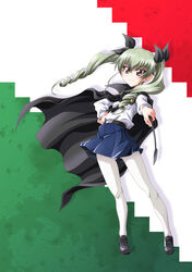  anchovy_(girls_und_panzer) anzio_school_uniform belt black_belt black_cape black_footwear black_necktie black_ribbon blue_skirt brown_eyes cape closed_mouth commentary dress_shirt drill_hair female flag_background girls_und_panzer green_hair hair_ribbon highres italian_flag legs loafers long_hair long_sleeves looking_at_viewer miniskirt necktie pantyhose pleated_skirt ribbon riding_crop school_uniform shadow shirt shoes skirt smile solo standing twin_drills twintails white_pantyhose white_shirt wind wind_lift wing_collar zummy 