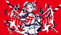  bati15 belt bone collar cowboy_shot crown female fence fingerless_gloves gloves greyscale_with_colored_background highres jacket limited_palette lock looking_at_viewer official_art open_mouth prismplus red_background red_eyes red_theme ruma_(vocaloid) shirt shirt_tucked_in skirt solo spot_color tenjin_kotone torii virtual_youtuber white_shirt 